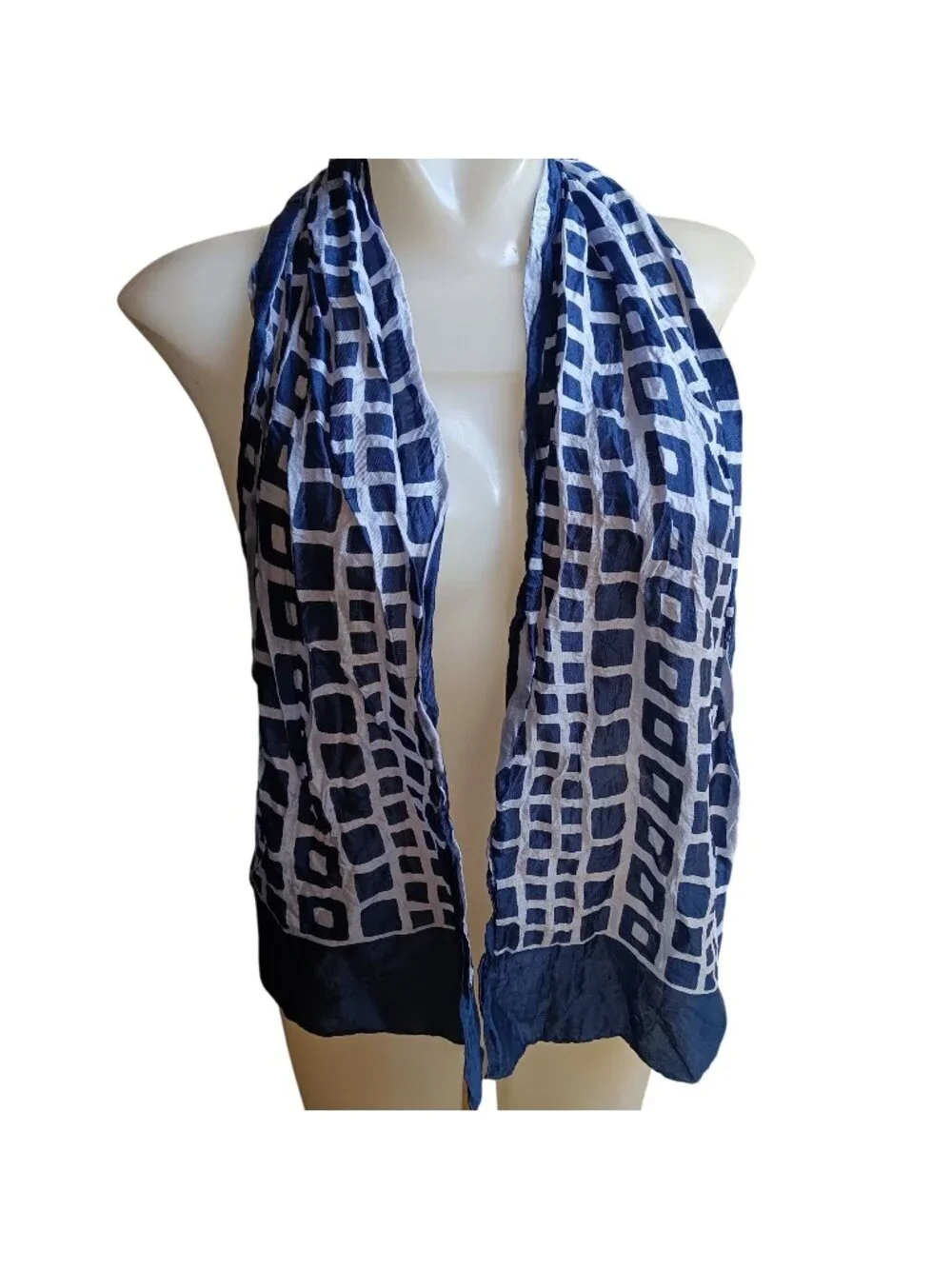 Vintage 1970's Blue White Geometric Lightweight Sheer Scarf - Rectangular Hippy